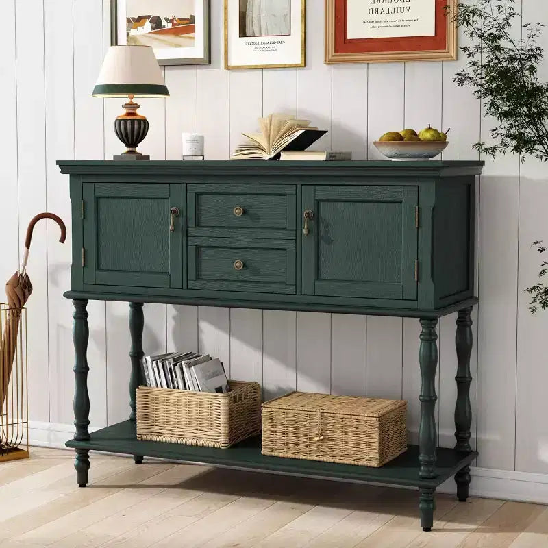 Mesa auxiliar para recibidor de estilo vintage con 2 cajones y 2 puertas. Patas en forma de columna romana, adecuada para sala de estar y recibidor.