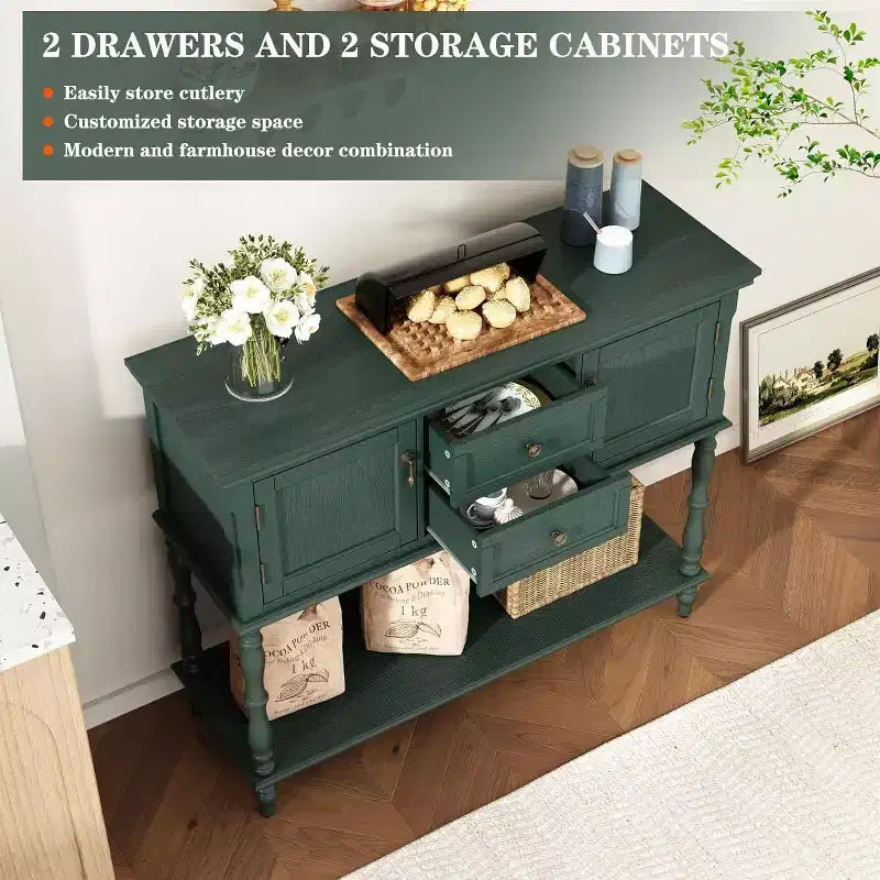 Mesa auxiliar para recibidor de estilo vintage con 2 cajones y 2 puertas. Patas en forma de columna romana, adecuada para sala de estar y recibidor.