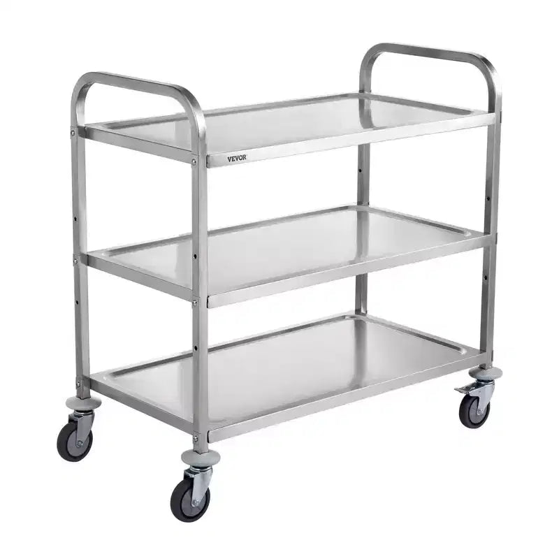 VIYET 3-Tier Wire Rolling Kitchen Utility Cart,450LBS Capacity, 80mm Basket with PP Liner, 6 Hooks & Curved Handle for Indoor Outdoor