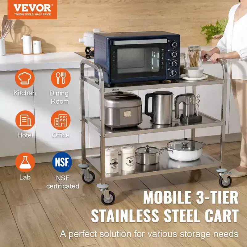 Carrito utilitario de cocina rodante de alambre de 3 niveles, capacidad de 450 libras, cesta de 80 mm con revestimiento de PP, 6 ganchos y asa curva para interiores y exteriores