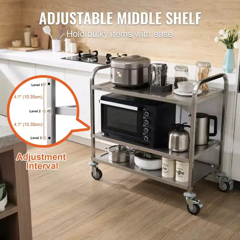 Carrito utilitario de cocina rodante de alambre de 3 niveles, capacidad de 450 libras, cesta de 80 mm con revestimiento de PP, 6 ganchos y asa curva para interiores y exteriores