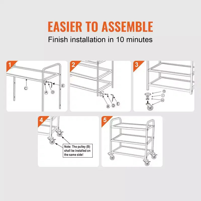 Carrito utilitario de cocina rodante de alambre de 3 niveles, capacidad de 450 libras, cesta de 80 mm con revestimiento de PP, 6 ganchos y asa curva para interiores y exteriores