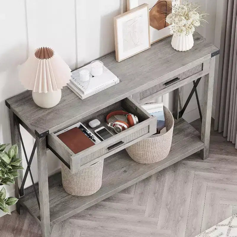 Mesa de Entrada Rústica con 2 Cajones, Mesa Consola Rataan para Entrada, Mesa de Sofá de Madera para Sala de Estar, Vestíbulo, Pasillo - Gris