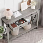 Mesa de Entrada Rústica con 2 Cajones, Mesa Consola Rataan para Entrada, Mesa de Sofá de Madera para Sala de Estar, Vestíbulo, Pasillo - Gris