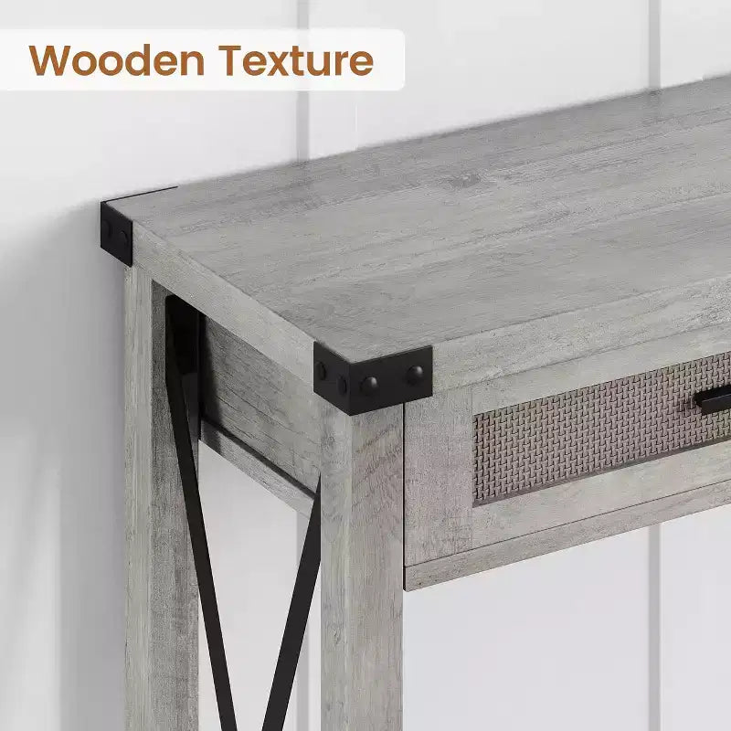 Mesa de Entrada Rústica con 2 Cajones, Mesa Consola Rataan para Entrada, Mesa de Sofá de Madera para Sala de Estar, Vestíbulo, Pasillo - Gris