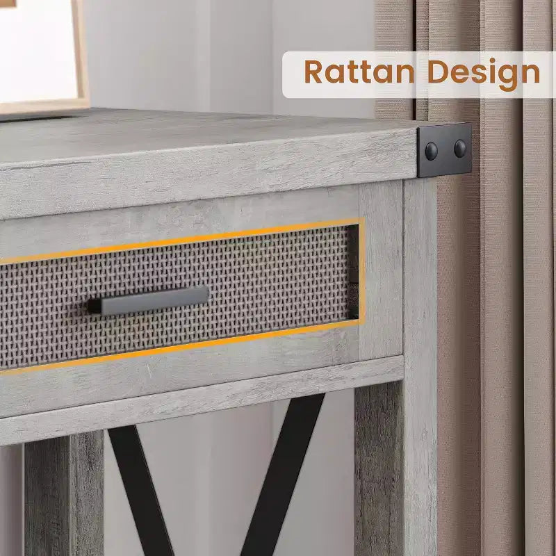 Mesa de Entrada Rústica con 2 Cajones, Mesa Consola Rataan para Entrada, Mesa de Sofá de Madera para Sala de Estar, Vestíbulo, Pasillo - Gris
