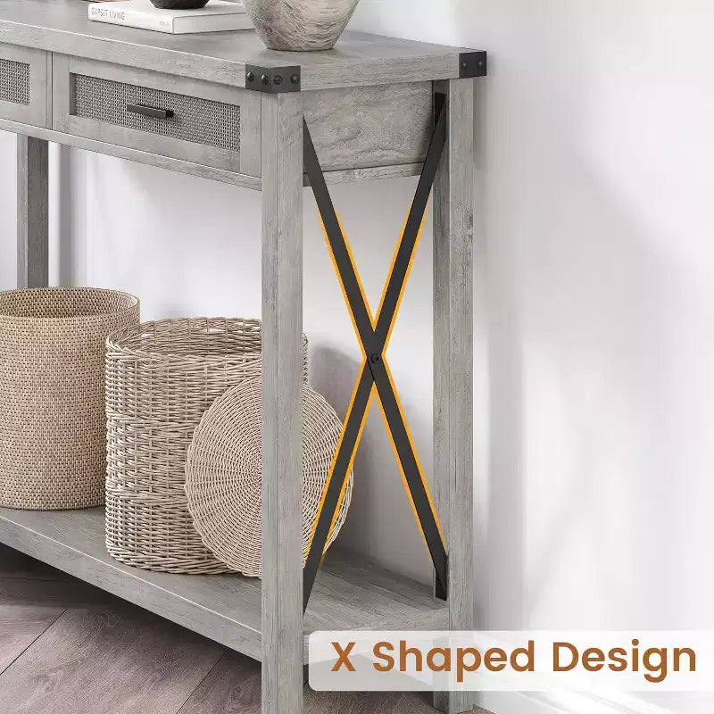Mesa de Entrada Rústica con 2 Cajones, Mesa Consola Rataan para Entrada, Mesa de Sofá de Madera para Sala de Estar, Vestíbulo, Pasillo - Gris