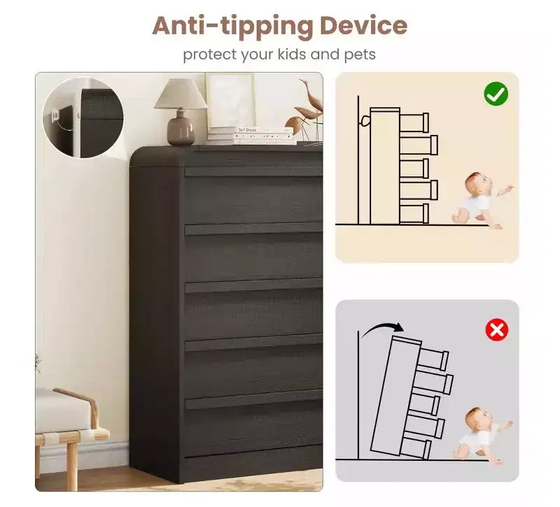 Cómoda de 5 cajones para dormitorio, cómoda alta de madera de 114 cm con diseño de perfil curvo, organizador de almacenamiento de ropa para armario, cómoda de estilo mediados de siglo