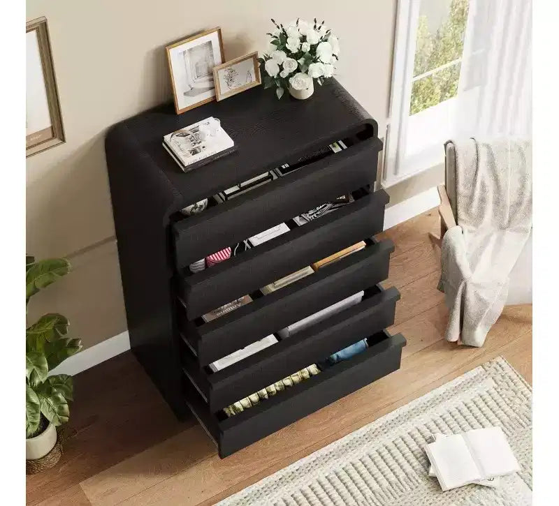 Cómoda de 5 cajones para dormitorio, cómoda alta de madera de 114 cm con diseño de perfil curvo, organizador de almacenamiento de ropa para armario, cómoda de estilo mediados de siglo