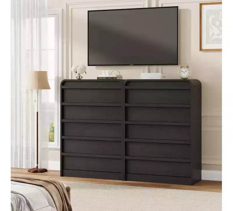 Cómoda de 5 cajones para dormitorio, cómoda alta de madera de 114 cm con diseño de perfil curvo, organizador de almacenamiento de ropa para armario, cómoda de estilo mediados de siglo