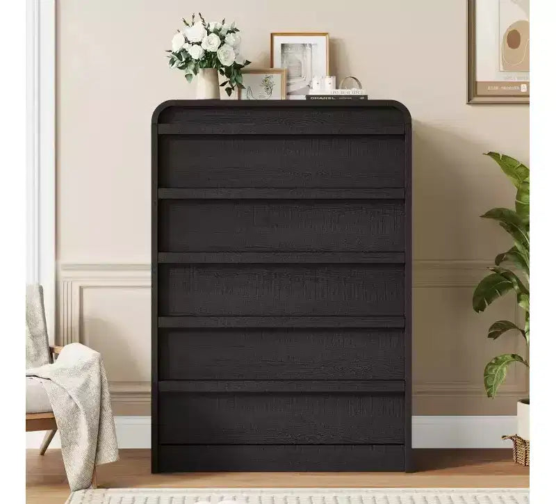 Cómoda de 5 cajones para dormitorio, cómoda alta de madera de 114 cm con diseño de perfil curvo, organizador de almacenamiento de ropa para armario, cómoda de estilo mediados de siglo