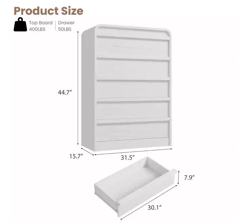 Cómoda de 5 cajones para dormitorio, cómoda alta de madera de 114 cm con diseño de perfil curvo, organizador de almacenamiento de ropa para armario, cómoda de estilo mediados de siglo