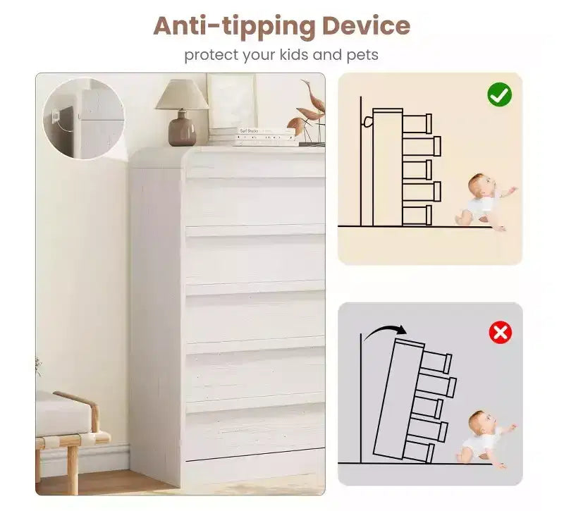 Cómoda de 5 cajones para dormitorio, cómoda alta de madera de 114 cm con diseño de perfil curvo, organizador de almacenamiento de ropa para armario, cómoda de estilo mediados de siglo