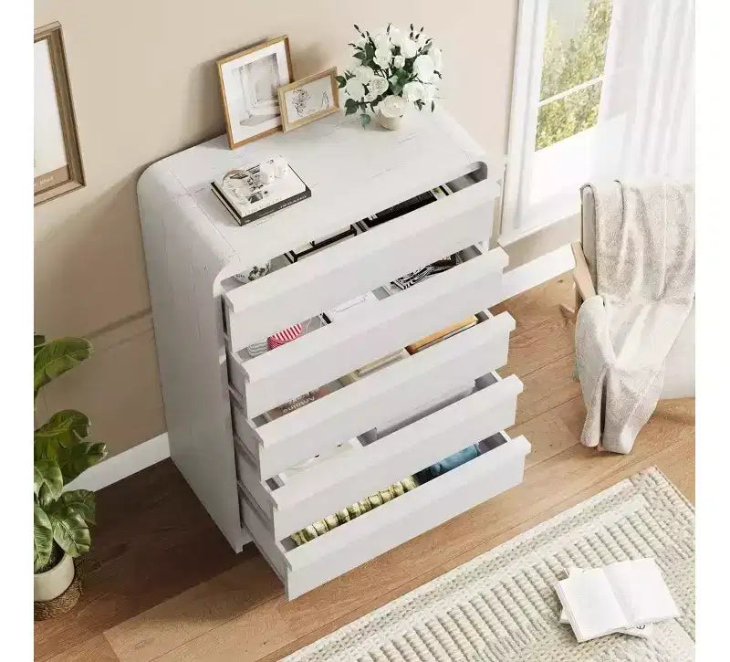 Cómoda de 5 cajones para dormitorio, cómoda alta de madera de 114 cm con diseño de perfil curvo, organizador de almacenamiento de ropa para armario, cómoda de estilo mediados de siglo