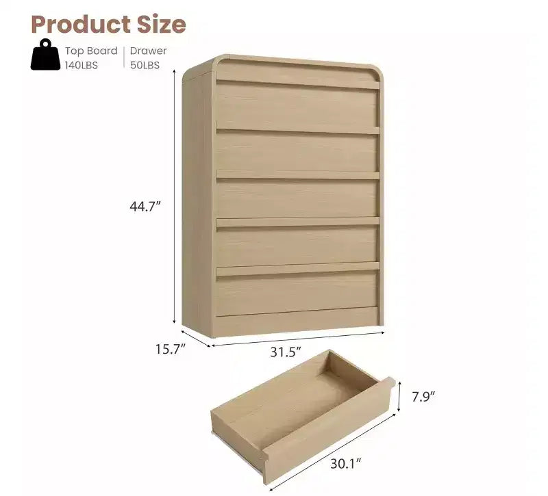 Cómoda de 5 cajones para dormitorio, cómoda alta de madera de 114 cm con diseño de perfil curvo, organizador de almacenamiento de ropa para armario, cómoda de estilo mediados de siglo