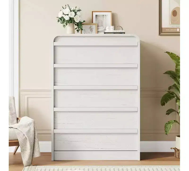 Cómoda de 5 cajones para dormitorio, cómoda alta de madera de 114 cm con diseño de perfil curvo, organizador de almacenamiento de ropa para armario, cómoda de estilo mediados de siglo