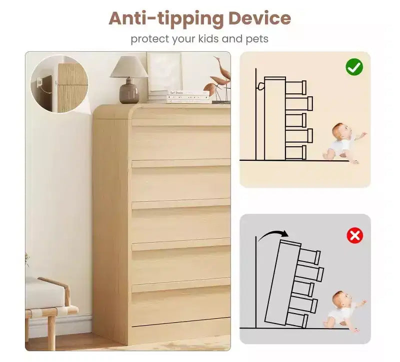 Cómoda de 5 cajones para dormitorio, cómoda alta de madera de 114 cm con diseño de perfil curvo, organizador de almacenamiento de ropa para armario, cómoda de estilo mediados de siglo