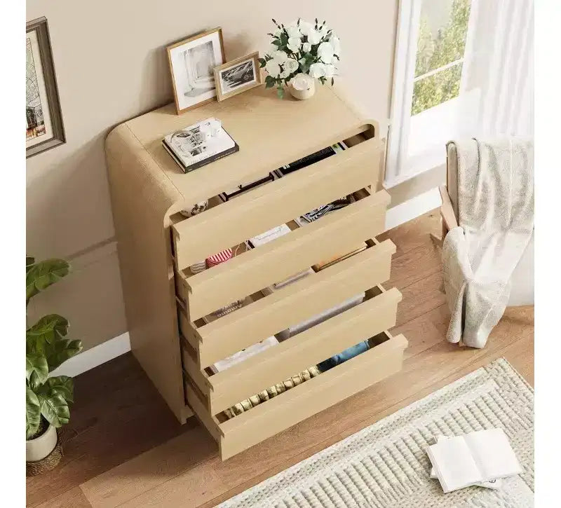 Cómoda de 5 cajones para dormitorio, cómoda alta de madera de 114 cm con diseño de perfil curvo, organizador de almacenamiento de ropa para armario, cómoda de estilo mediados de siglo