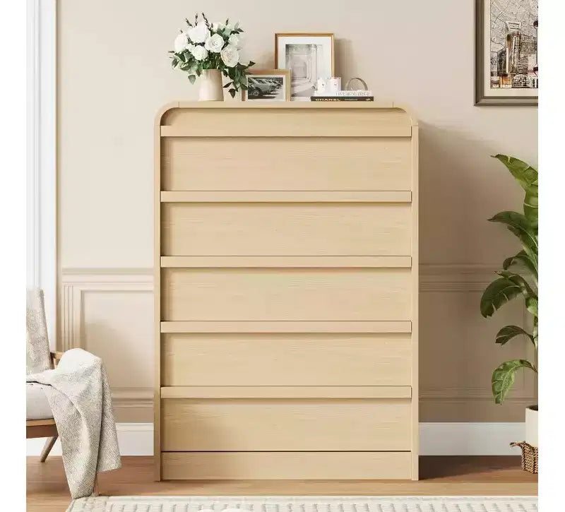 Cómoda de 5 cajones para dormitorio, cómoda alta de madera de 114 cm con diseño de perfil curvo, organizador de almacenamiento de ropa para armario, cómoda de estilo mediados de siglo