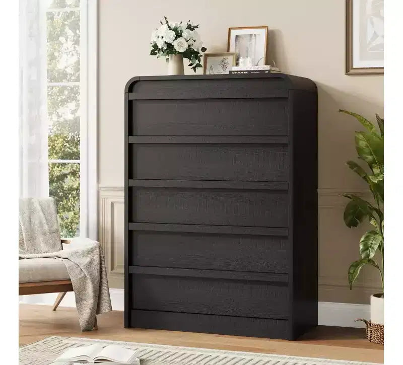 Cómoda de 5 cajones para dormitorio, cómoda alta de madera de 114 cm con diseño de perfil curvo, organizador de almacenamiento de ropa para armario, cómoda de estilo mediados de siglo
