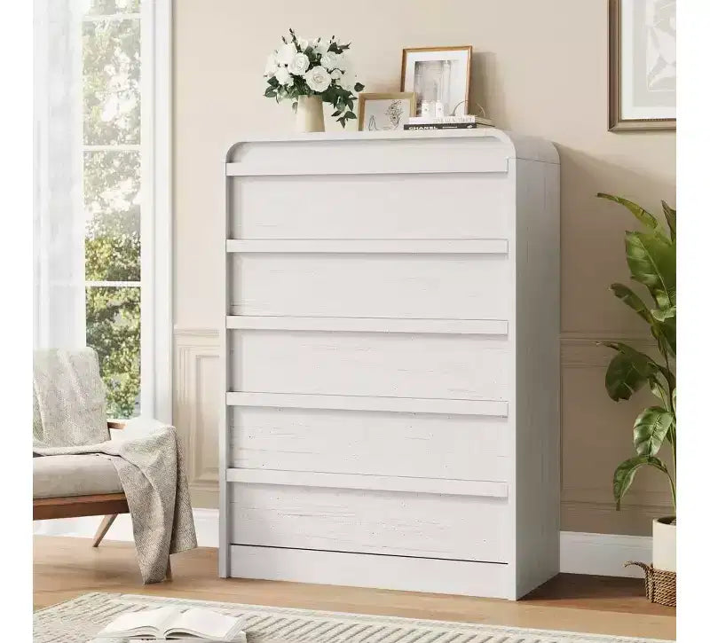 Cómoda de 5 cajones para dormitorio, cómoda alta de madera de 114 cm con diseño de perfil curvo, organizador de almacenamiento de ropa para armario, cómoda de estilo mediados de siglo