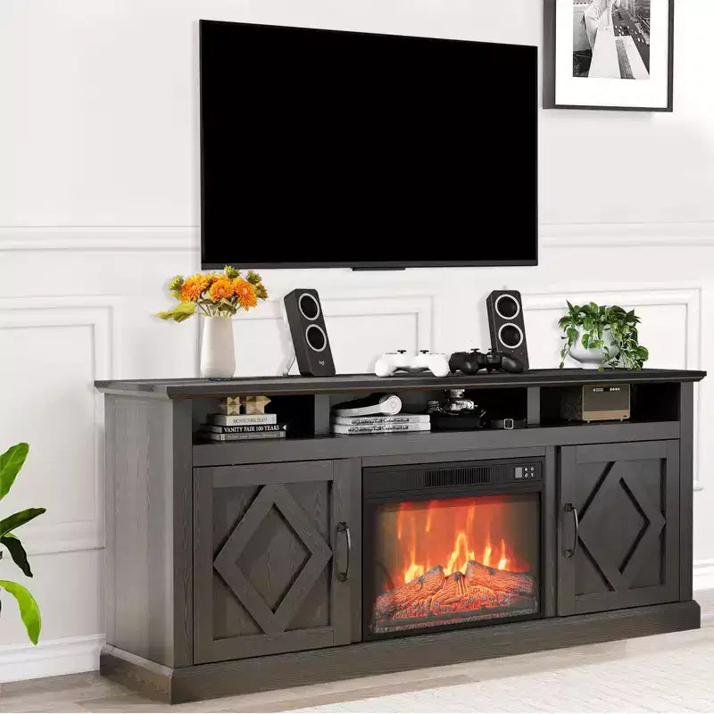 Mueble de TV con chimenea de 67 pulgadas y repisa, inserto de chimenea eléctrica de 18 pulgadas y gabinetes, centro de entretenimiento para sala de estar o dormitorio, marrón