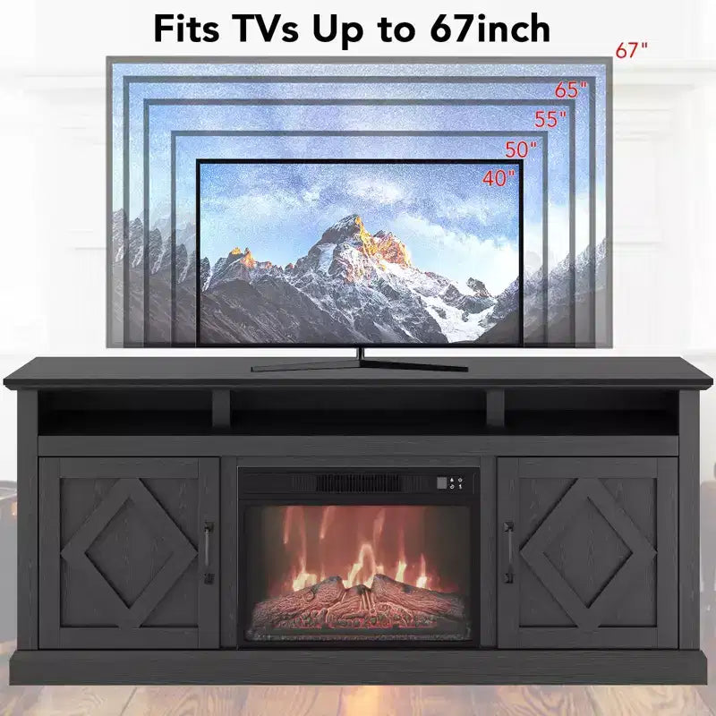 Mueble de TV con chimenea de 67 pulgadas y repisa, inserto de chimenea eléctrica de 18 pulgadas y gabinetes, centro de entretenimiento para sala de estar o dormitorio, marrón