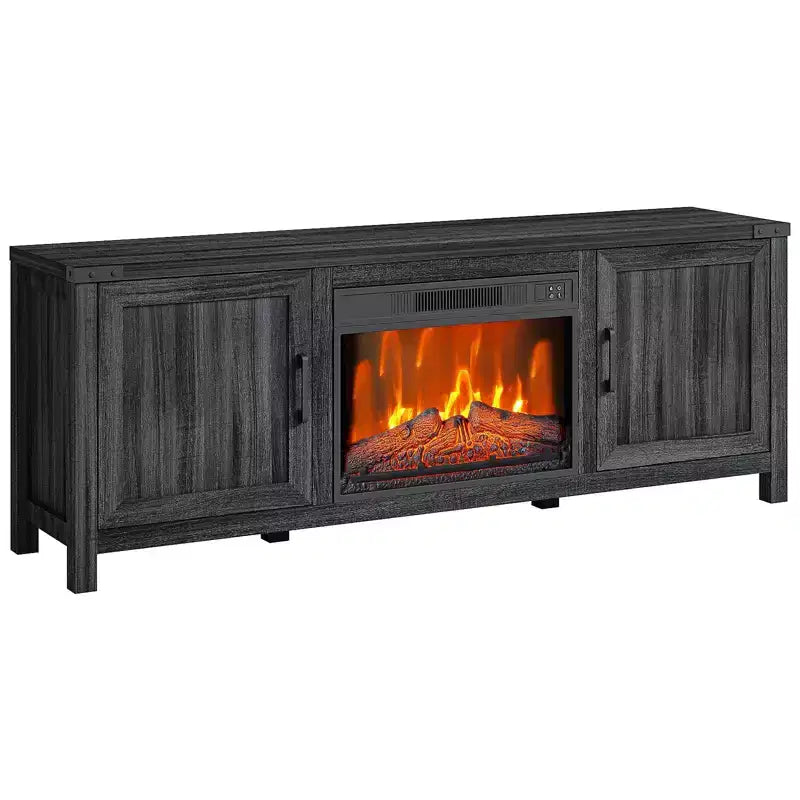 Mueble de TV con chimenea de 67 pulgadas y repisa, inserto de chimenea eléctrica de 18 pulgadas y gabinetes, centro de entretenimiento para sala de estar o dormitorio, marrón