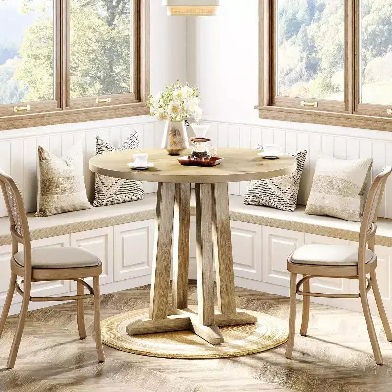 Lantine 31.5-Inch Round Farmhouse Dining Table, Sturdy Unique Base, for 2-4 People, Ideal for Small Spaces like Kitchen, Apartment, Restaurant.