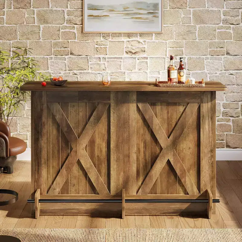 Mesa de bar de 63 pulgadas, mesa de pub de altura de gabinete de bar de 2 niveles con reposapiés para cocina, bistró, comedor, sala de estar, marrón
