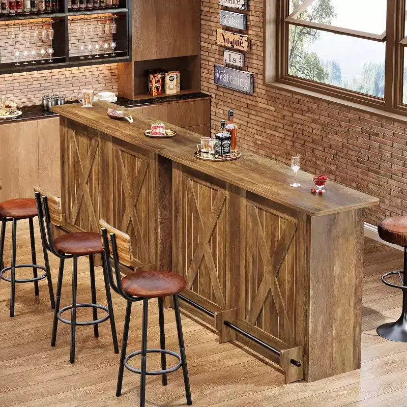 Mesa de bar de 63 pulgadas, mesa de pub de altura de gabinete de bar de 2 niveles con reposapiés para cocina, bistró, comedor, sala de estar, marrón