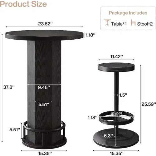 Juego de mesa de comedor de 3 piezas para 2 personas, mesa de cocina redonda pequeña con 2 sillas, mesa de pub negra a la altura del mostrador para espacios pequeños, apartamentos, bistró