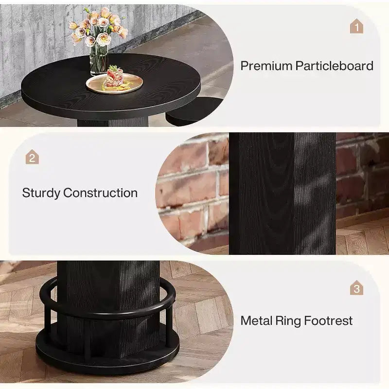 Juego de mesa de comedor de 3 piezas para 2 personas, mesa de cocina redonda pequeña con 2 sillas, mesa de pub negra a la altura del mostrador para espacios pequeños, apartamentos, bistró