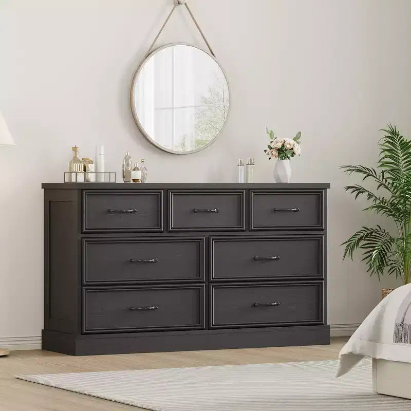 Cómoda de 7 cajones estilo rústico para dormitorio, 55 pulgadas de ancho, de madera, con cajones profundos y tiradores de metal
