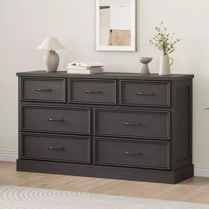 Cómoda de 7 cajones estilo rústico para dormitorio, 55 pulgadas de ancho, de madera, con cajones profundos y tiradores de metal