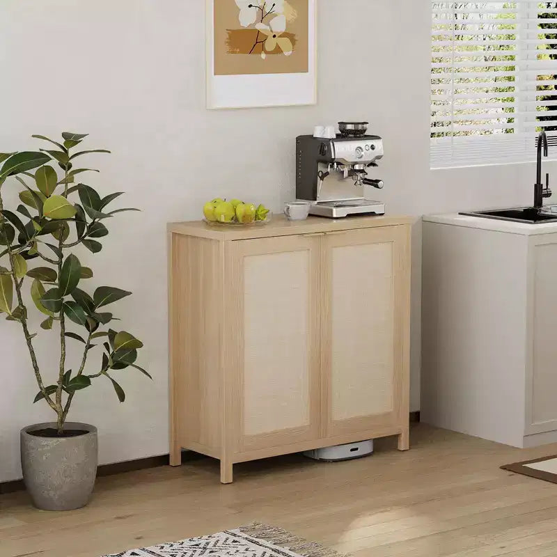 Sideboard, 2 Piece Rattan Buffet Cabinet with Adjustable Shelves, Freestanding Boho Storage for Kitchen, Living Room, Natural