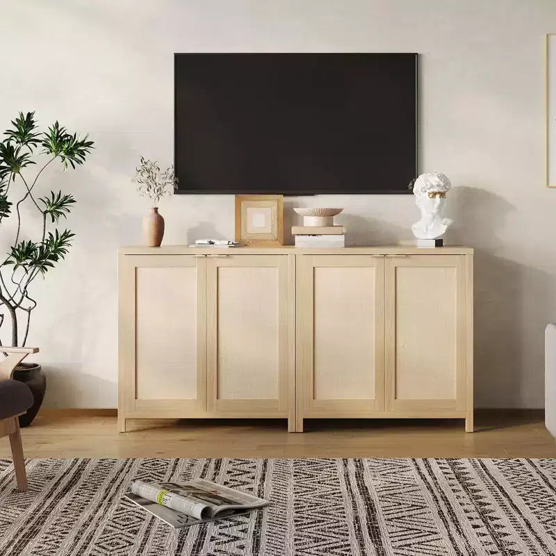 Aparador, aparador de ratán de 2 piezas con estantes ajustables, almacenamiento independiente estilo bohemio para cocina, sala de estar, natural