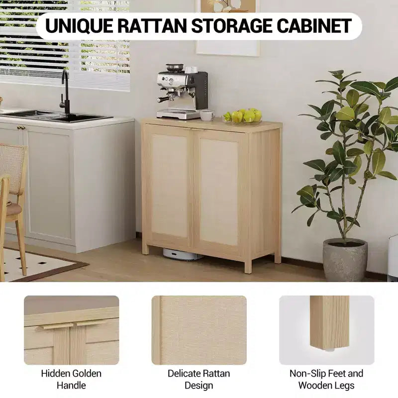 Aparador, aparador de ratán de 2 piezas con estantes ajustables, almacenamiento independiente estilo bohemio para cocina, sala de estar, natural