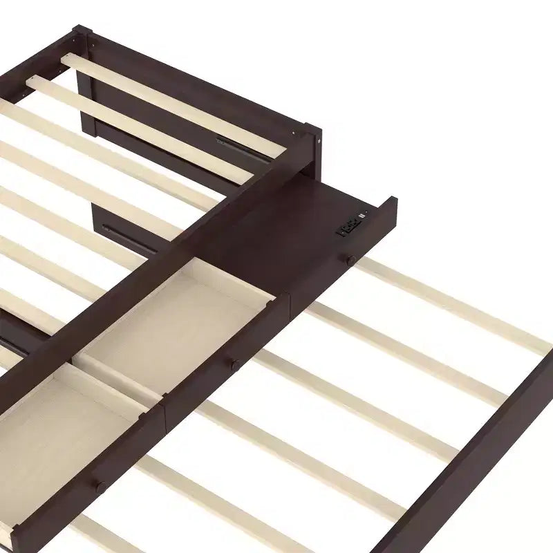 Cama de plataforma individual/matrimonial con nido, 2 cajones y estación de carga, estructura de cama de madera maciza
