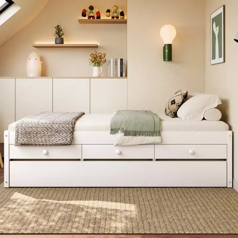 Cama de plataforma individual/matrimonial con nido, 2 cajones y estación de carga, estructura de cama de madera maciza