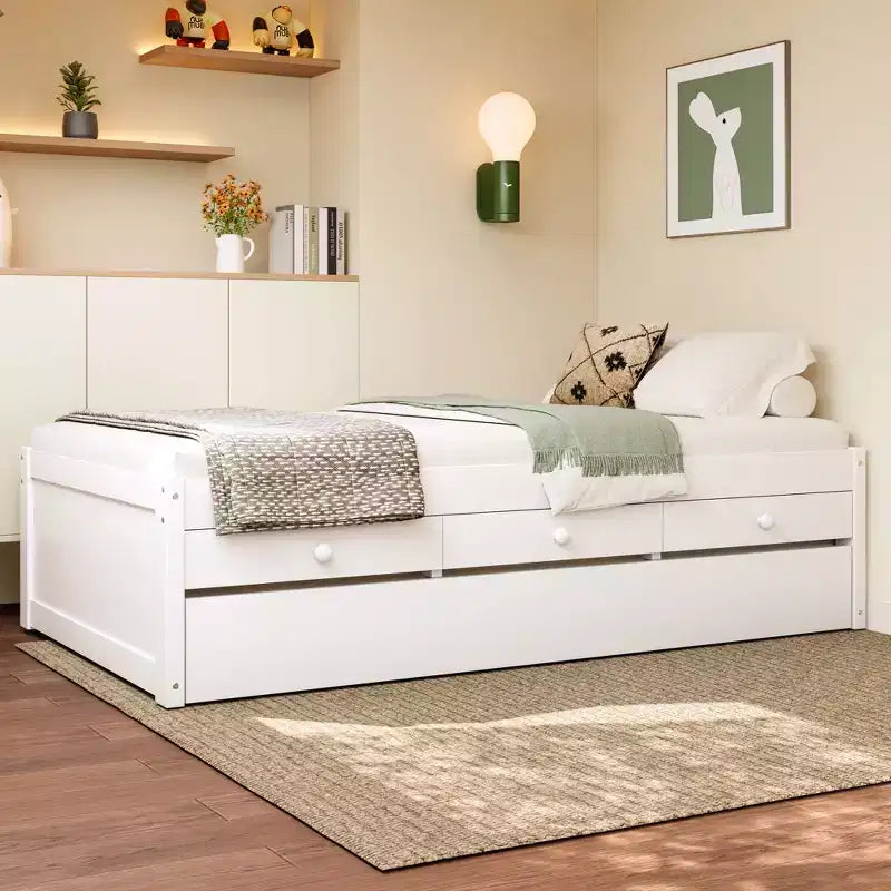 Cama de plataforma individual/matrimonial con nido, 2 cajones y estación de carga, estructura de cama de madera maciza