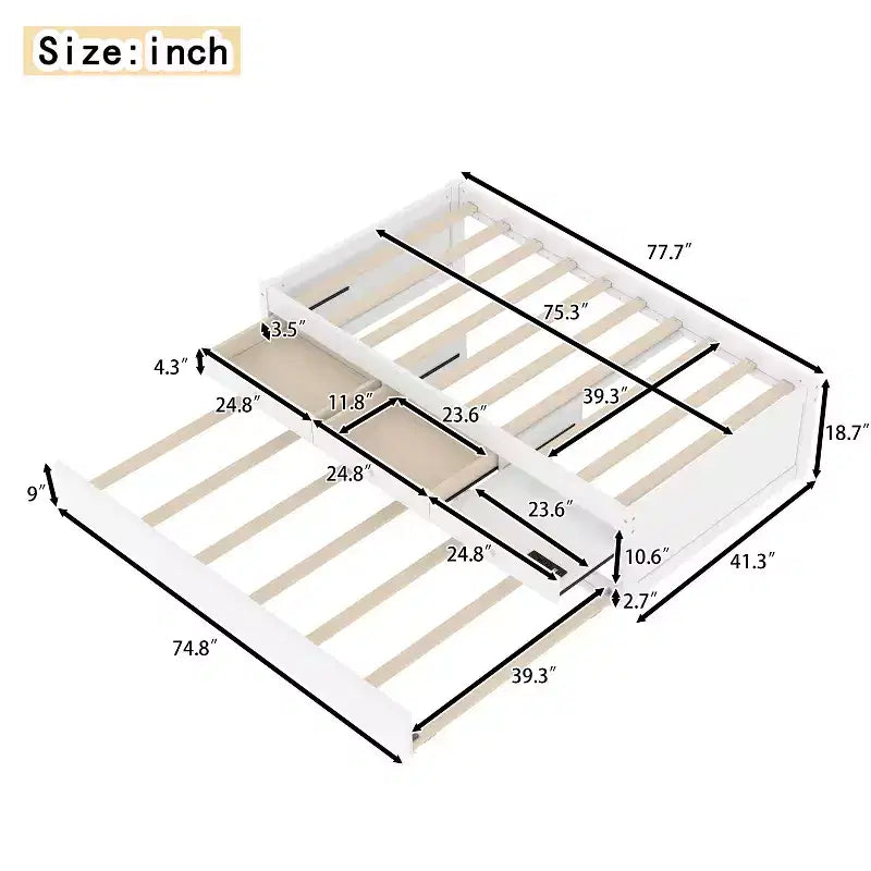 Cama de plataforma individual/matrimonial con nido, 2 cajones y estación de carga, estructura de cama de madera maciza