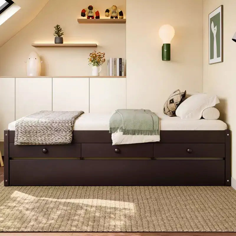 Cama de plataforma individual/matrimonial con nido, 2 cajones y estación de carga, estructura de cama de madera maciza