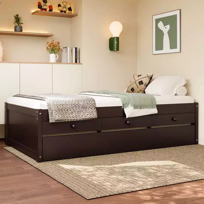 Cama de plataforma individual/matrimonial con nido, 2 cajones y estación de carga, estructura de cama de madera maciza