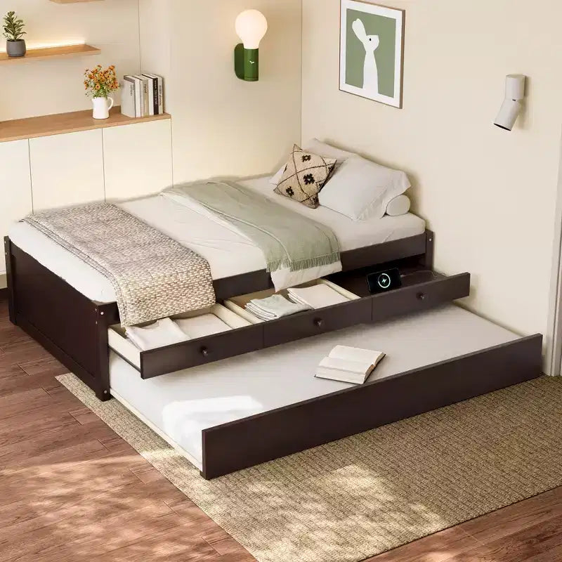 Cama de plataforma individual/matrimonial con nido, 2 cajones y estación de carga, estructura de cama de madera maciza