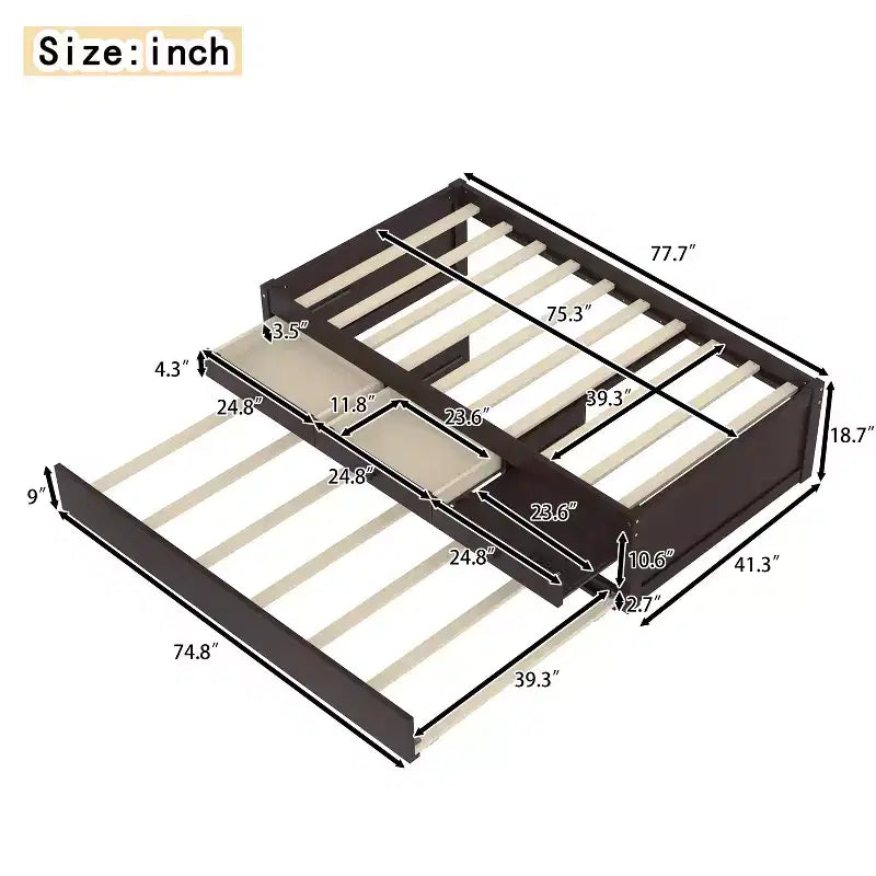 Cama de plataforma individual/matrimonial con nido, 2 cajones y estación de carga, estructura de cama de madera maciza