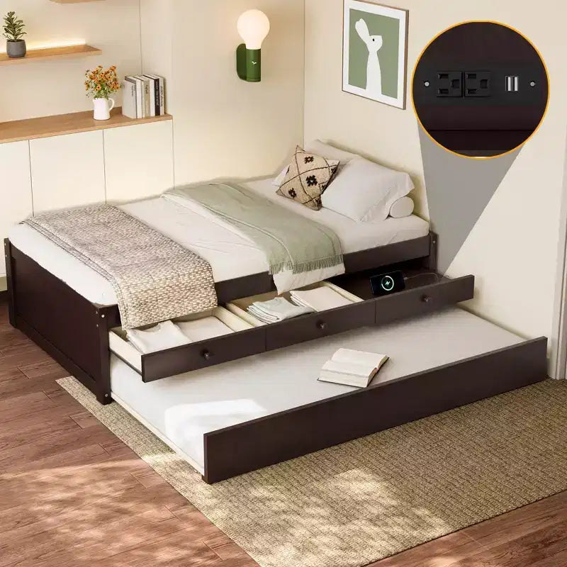 Twin/Full Platform Bed with Trundle, 2 Drawers & Charging Station, Solid Wood Bed Frame - ModernLuxe