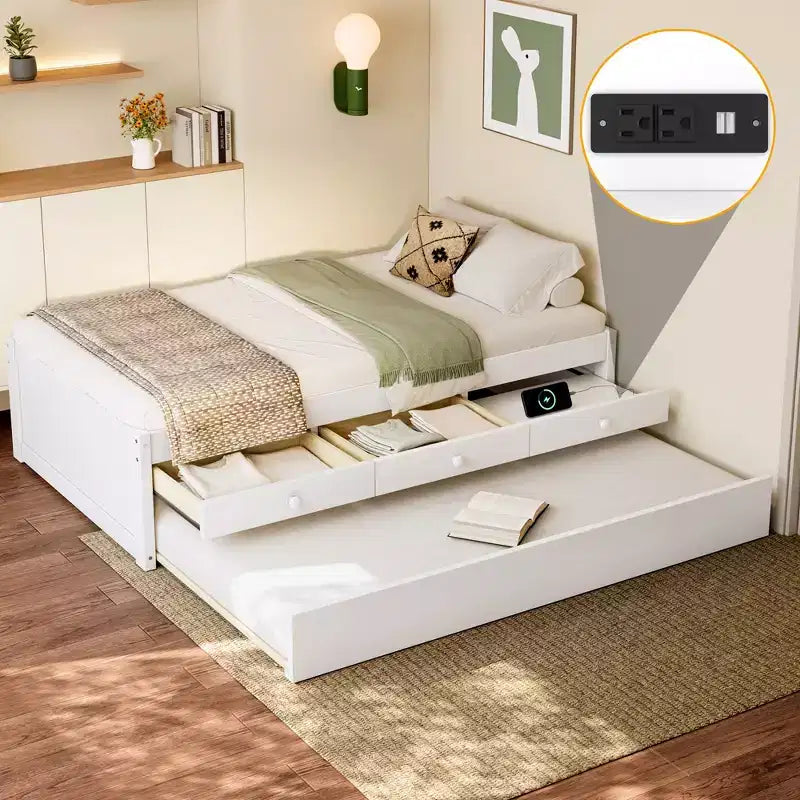 Cama de plataforma individual/matrimonial con nido, 2 cajones y estación de carga, estructura de cama de madera maciza