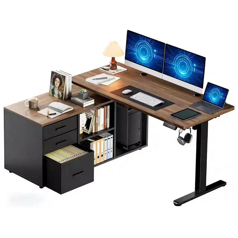 55 X 24 In Electric Height Adjustable Stand up Desk, L-Shaped Executive Standing Desk with File Cabinet, Home Office Modern Computer Desk