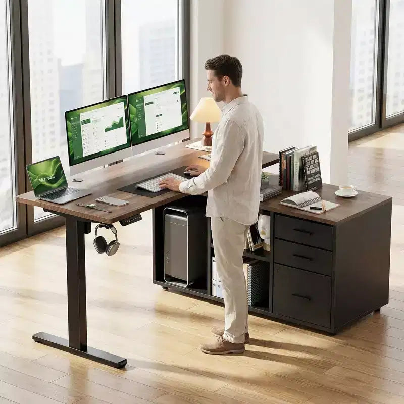 Escritorio eléctrico de altura regulable de 55 x 24 pulgadas, escritorio de pie ejecutivo en forma de L con archivador, escritorio de computadora moderno para oficina en casa